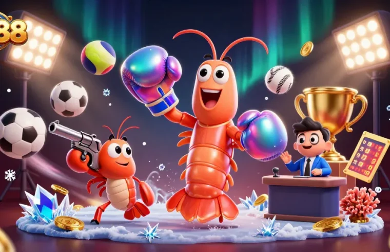 LU88 showcases a vibrant 3D casino scene with shrimp characters celebrating a big win.