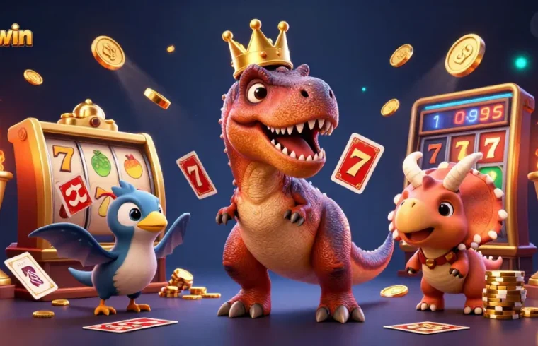 Engage in thrilling gameplay with 789win as a T-Rex shuffles cards while a triceratops stacks golden chips in a vibrant casino.