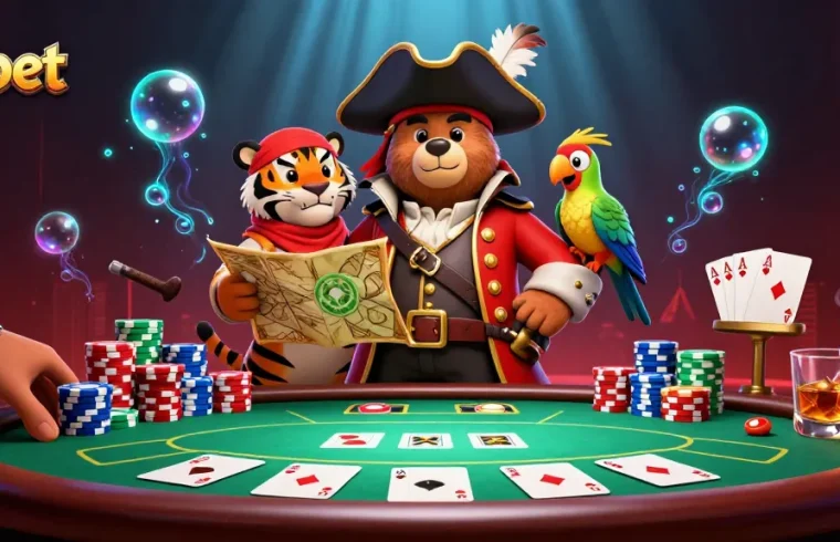 Engage in thrilling poker games at debet with a vibrant pirate-themed illustration.