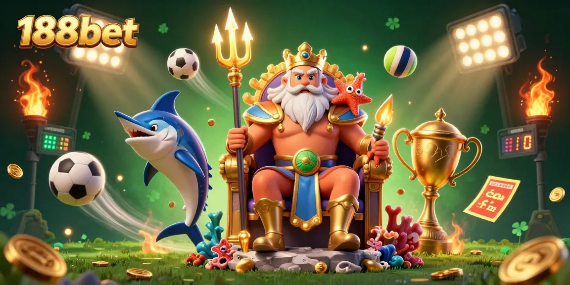 Bet big with 188bet in this lively casino scene featuring Neptune, sports balls, and glorious trophies.