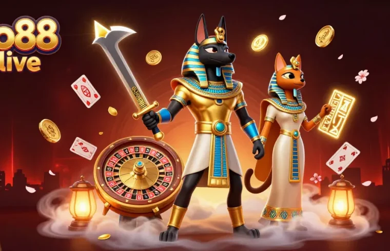 Experience Go88 live with a vibrant 3D casino scene showcasing Anubis and casino elements