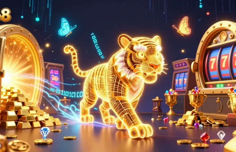 C168 captivates players in a radiant 3D casino adventure, featuring a golden tiger and treasure elements.
