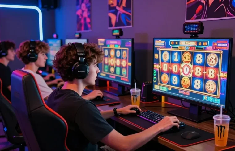 Excited player at oppa86 celebrating a win on a vibrant online slot game