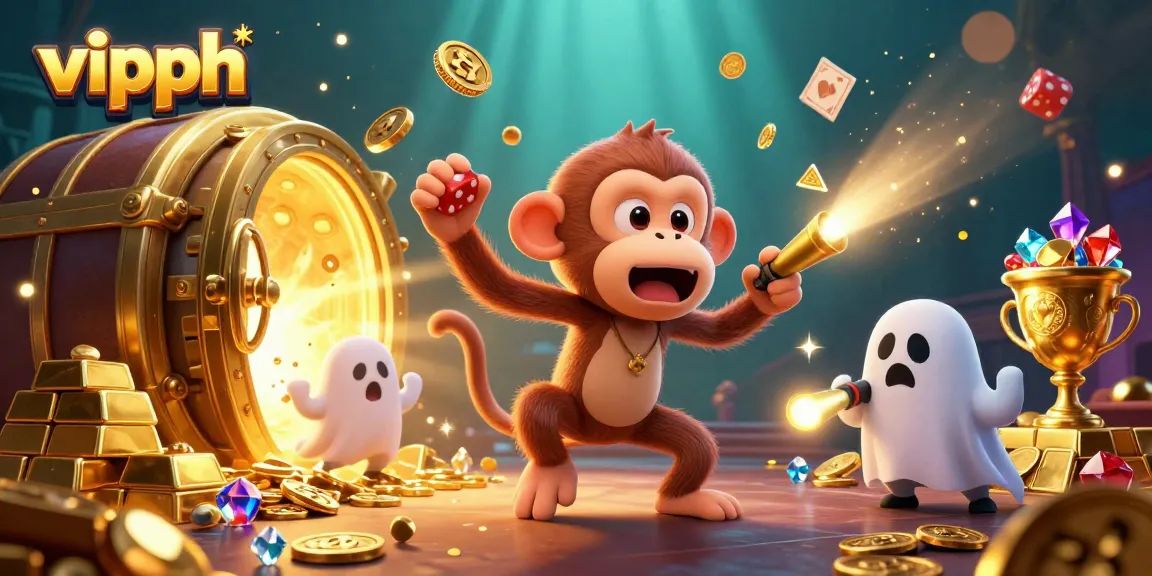 Experience the excitement at vipph with animated golden objects and a ghost-hunter puppy in a haunted casino.