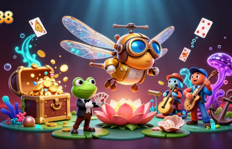 Engage with QS88 as a 3D cartoon dragonfly pilot and frog croupier bring the casino to life.