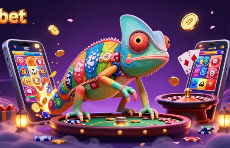 Engage with 8xbet's dynamic casino scene featuring a chameleon owner amid vibrant slot games and coins.