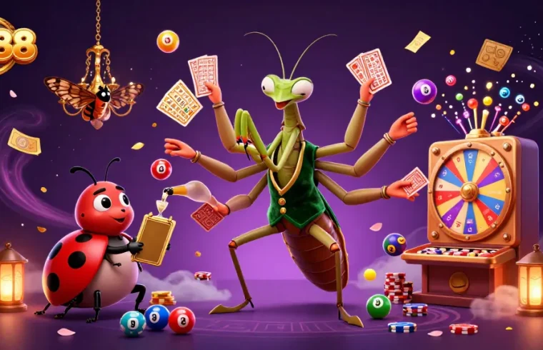 SX88 offers an exciting gaming atmosphere with a praying mantis card sharp and ladybug pit boss amidst colorful lottery elements.
