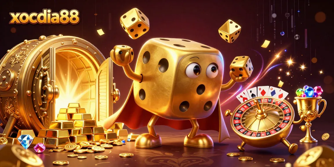 Engage with xocdia88's thrilling games featuring a golden dice golem and riches in a dynamic scene.