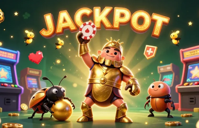 Join hi88’s thrilling experience with the victorious beetle lifting a poker chip in a vibrant casino scene.
