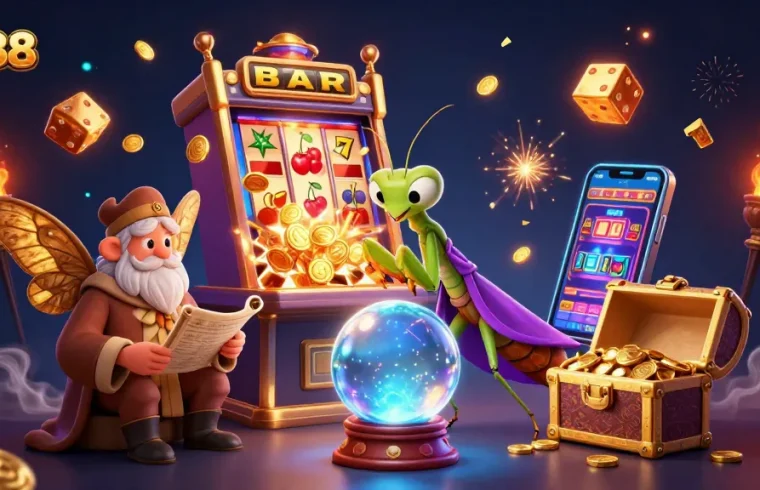SX88 engages players with a mystical casino scene, featuring a slot machine jackpot and fortune teller.