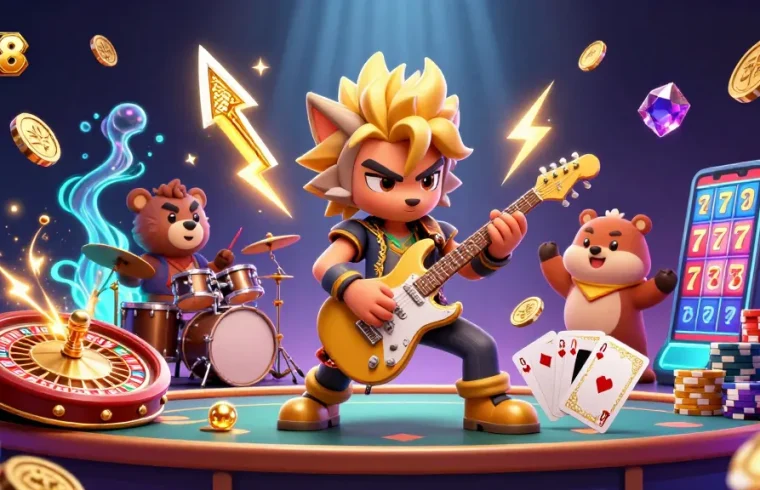 C168 captivates with a thrilling casino scene showcasing a rock star wolf and drummer bear surrounded by cascading coins and a spinning roulette wheel.