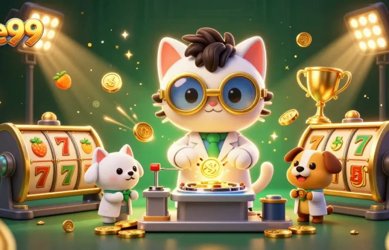 Join the fun with me99 as a 3D cartoon cat and dog create gold coins amidst thrilling slots action.