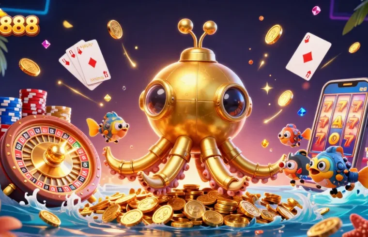 Experience thrilling gaming at sv8888 with vibrant golden kraken and casino elements.