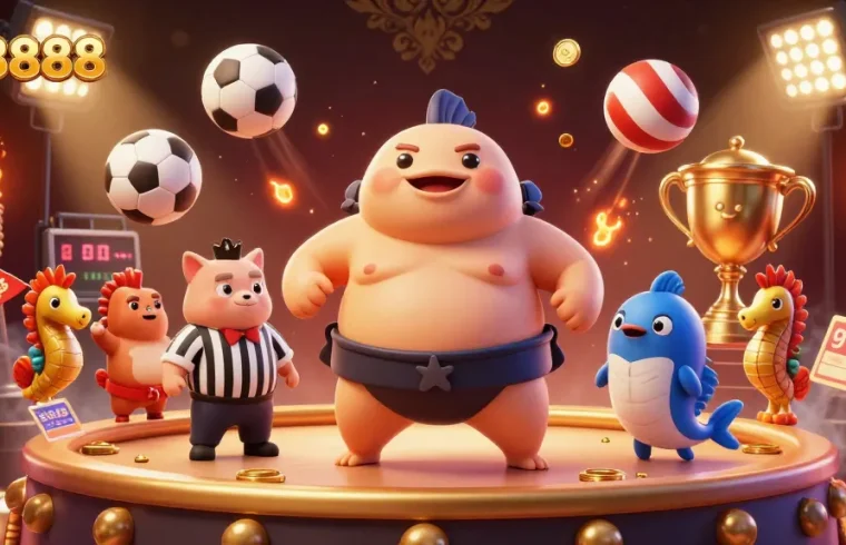 Experience the vibrant hb8888 gaming scene with fugu in a sumo ring and catfish referee.