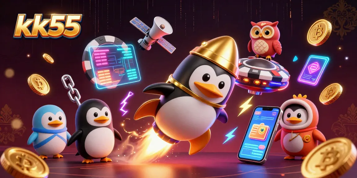 Join the exciting journey with kk55's golden penguin in a vibrant casino space adventure.