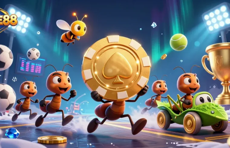 Engage in the adventure with FIVE88 as ants steal a giant poker chip amidst vibrant casino elements.