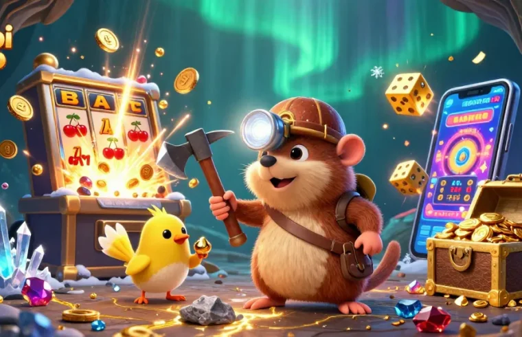 Engage with tin soi keo's vibrant scene filled with treasure, slot machines, and dynamic casino elements.