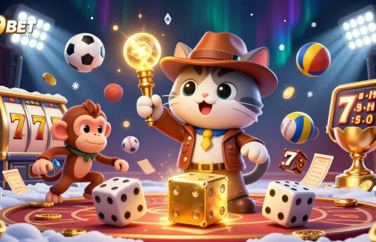 789BET encapsulates excitement with a cat explorer and monkey in a luxurious casino scene.