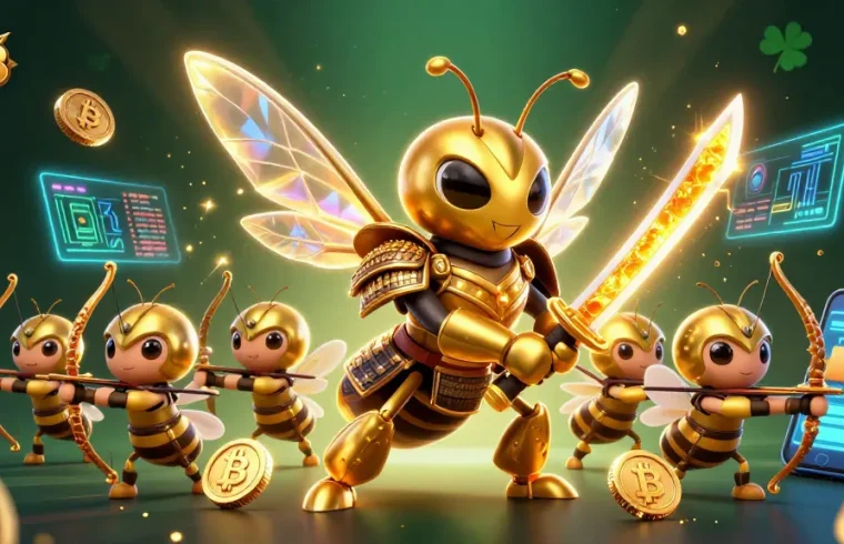 Experience GO8's thrilling gaming environment with vibrant casino-themed 3D illustration featuring golden hornets.