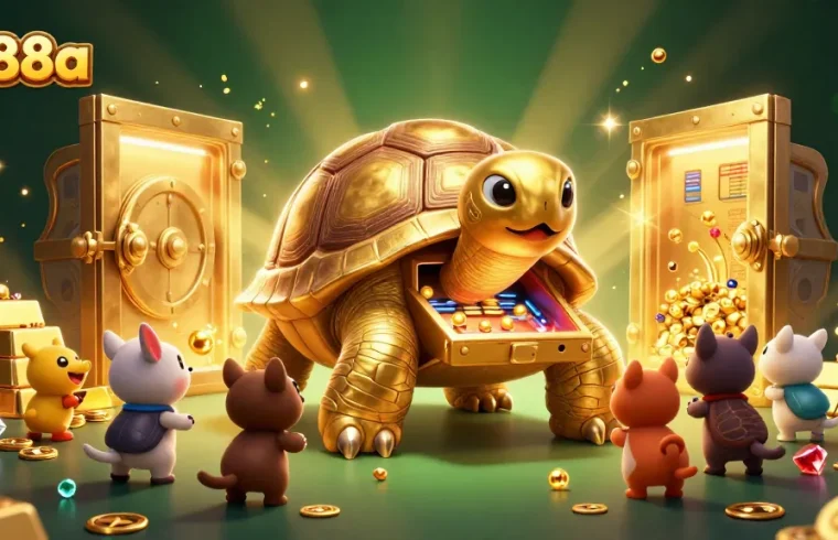 Join the excitement of uu88a as animals gather to play around a colossal golden pinball tortoise in a casino.