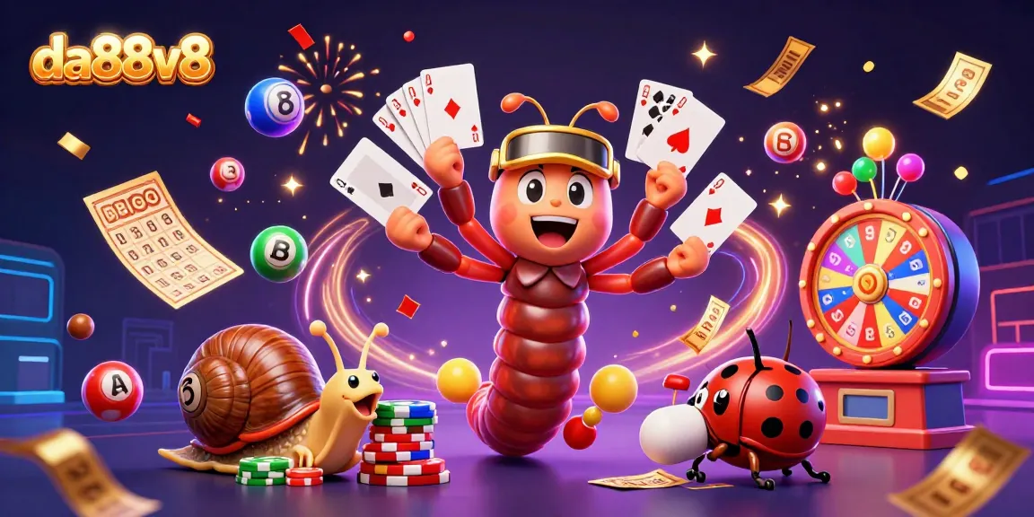 Engage with thrilling games at da88v8's vibrant 3D casino illustration featuring lively characters and dynamic elements.
