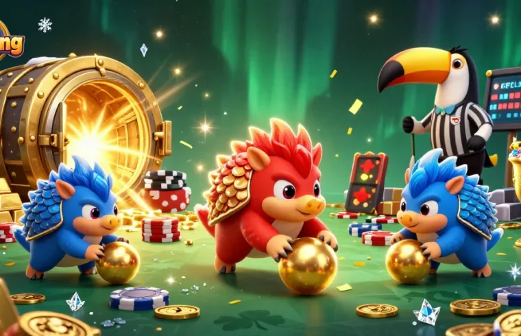 Pangolins competing at 79King casino, rolling golden balls and poker chips, lively gaming atmosphere.