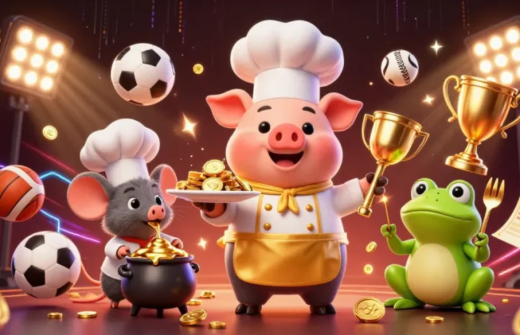 uu88 presents a vibrant scene with chef pig, mouse, and frog amidst sports betting action.
