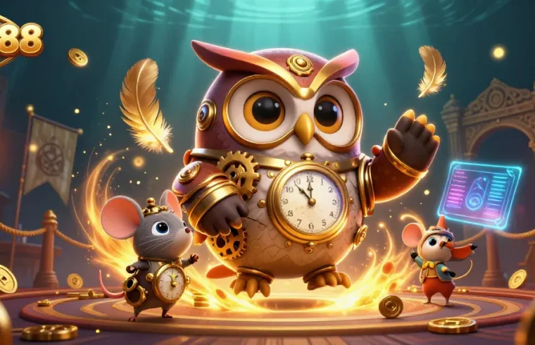 Experience thrilling moments at ML88 with a cartoon owl and casino elements in a vibrant setting