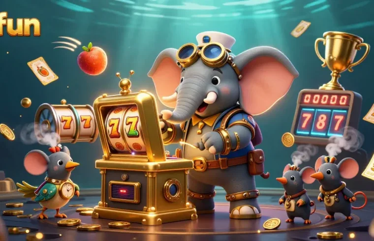 Spin the golden slot machine with okfun and win big in this vibrant casino scene.