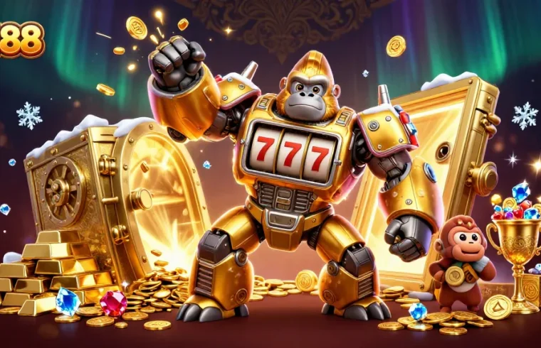 Engage with CM88 as the golden gorilla mech bursts coins in a dynamic casino adventure.