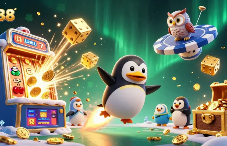 LU88 features a golden penguin and casino space station in dynamic gambling illustration.
