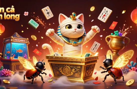 Engage with bắn cá thần long in this vibrant 3D scene showcasing an Egyptian mummy cat and sea creatures.