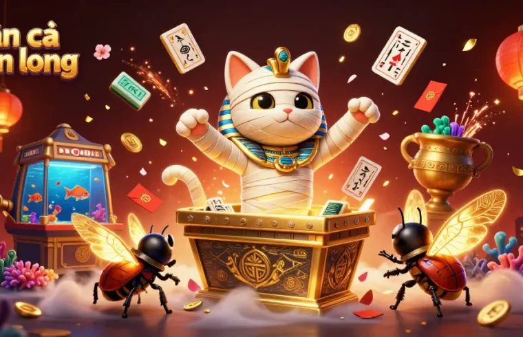 Engage with bắn cá thần long in this vibrant 3D scene showcasing an Egyptian mummy cat and sea creatures.