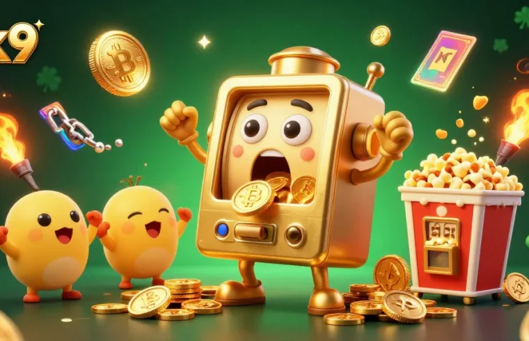 Spin the winning reels at ok9 with a dynamic scene of a golden slot machine celebrating a jackpot.