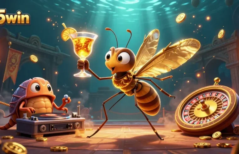 Experience winning moments with 555win featuring a vibrant casino scene of unique characters and elements.