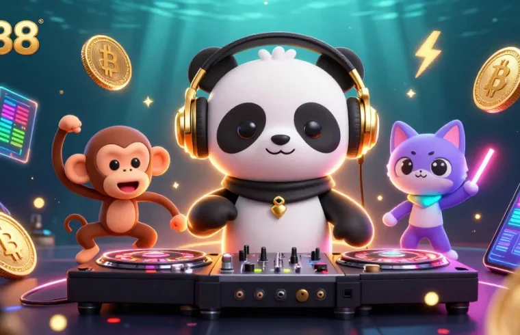 Experience the vibrant energy of lu88 with 3D characters in a casino rave scene.