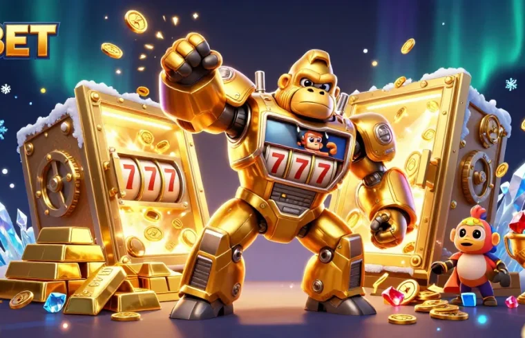 9BET engages players with thrilling casino action featuring a golden gorilla mech and massive treasure vault.