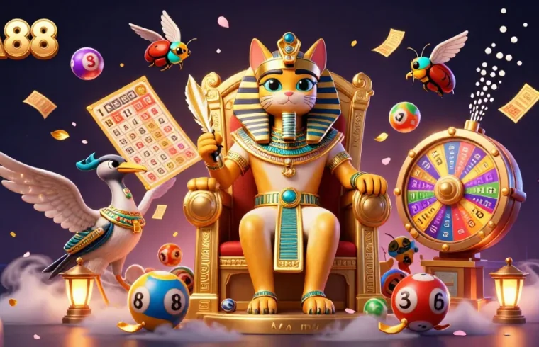 Engage with EA88's dynamic world of lottery excitement featuring colorful lottery balls and a regal pharaoh.