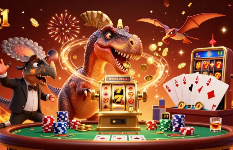 U31 dinosaurs interact at a casino, with a pachycephalosaurus hitting a slot machine amid golden coins and casino scenes.